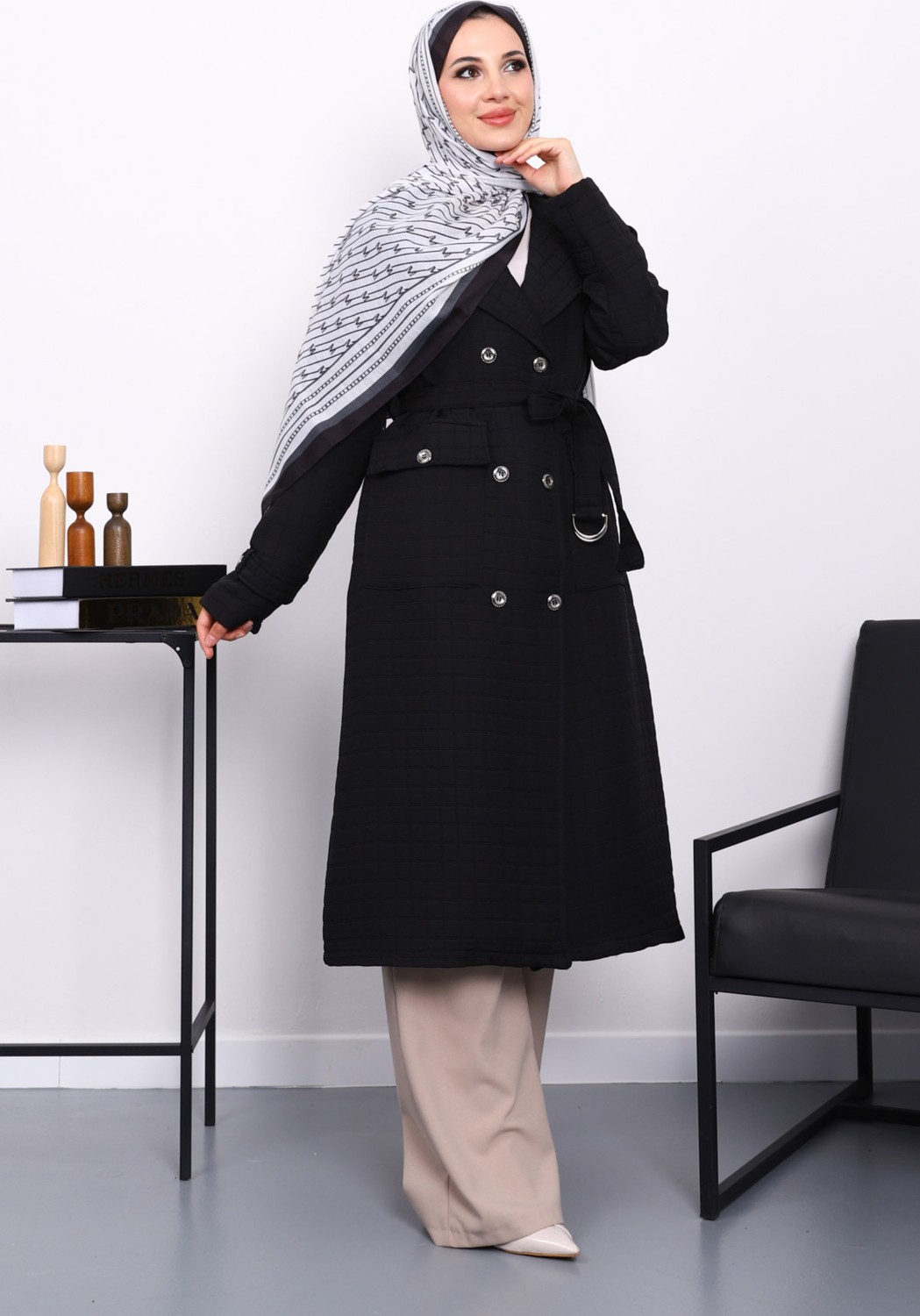 İmaj Butik Kahverengi Kuşaklı Cep Detaylı Kapitone Kaban görsel 6