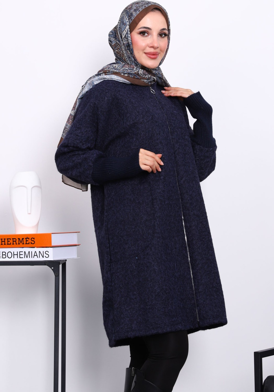 İmaj Butik Lacivert Fermuarlı Yün Kaşe Kaban görsel 4