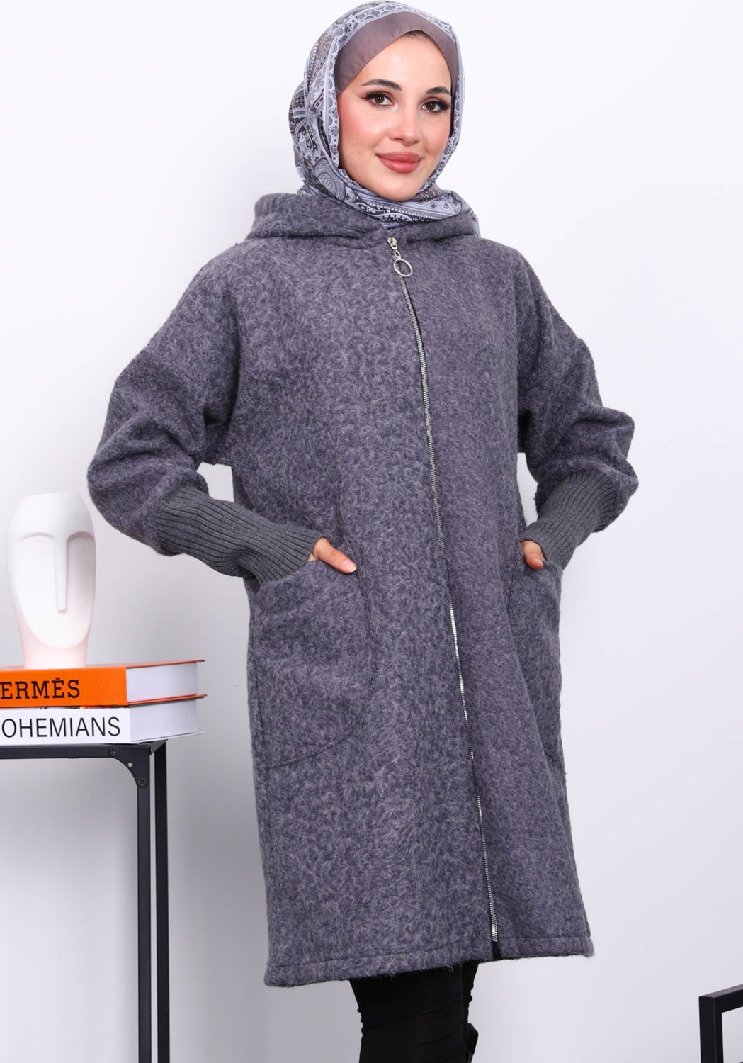 İmaj Butik Lacivert Fermuarlı Yün Kaşe Kaban