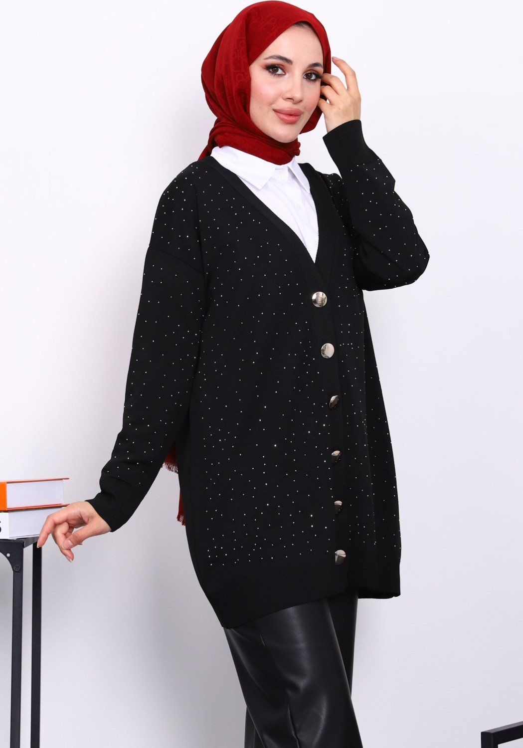 İmaj Butik Bordo Soğuk İplik Taşlı Triko Hırka