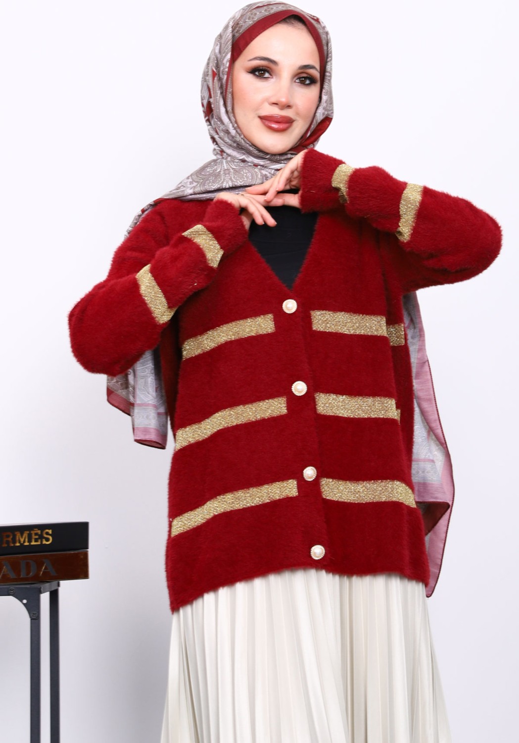 İmaj Butik Bordo V Yaka Angora Yumoş Hırka