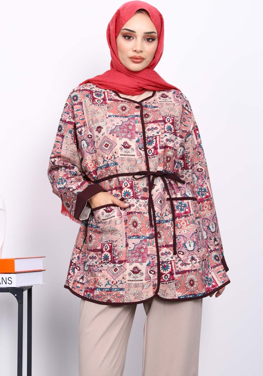 İmaj Butik Gül Kurusu Etnik Desenli Çıtçıtlı Ceket görsel 5