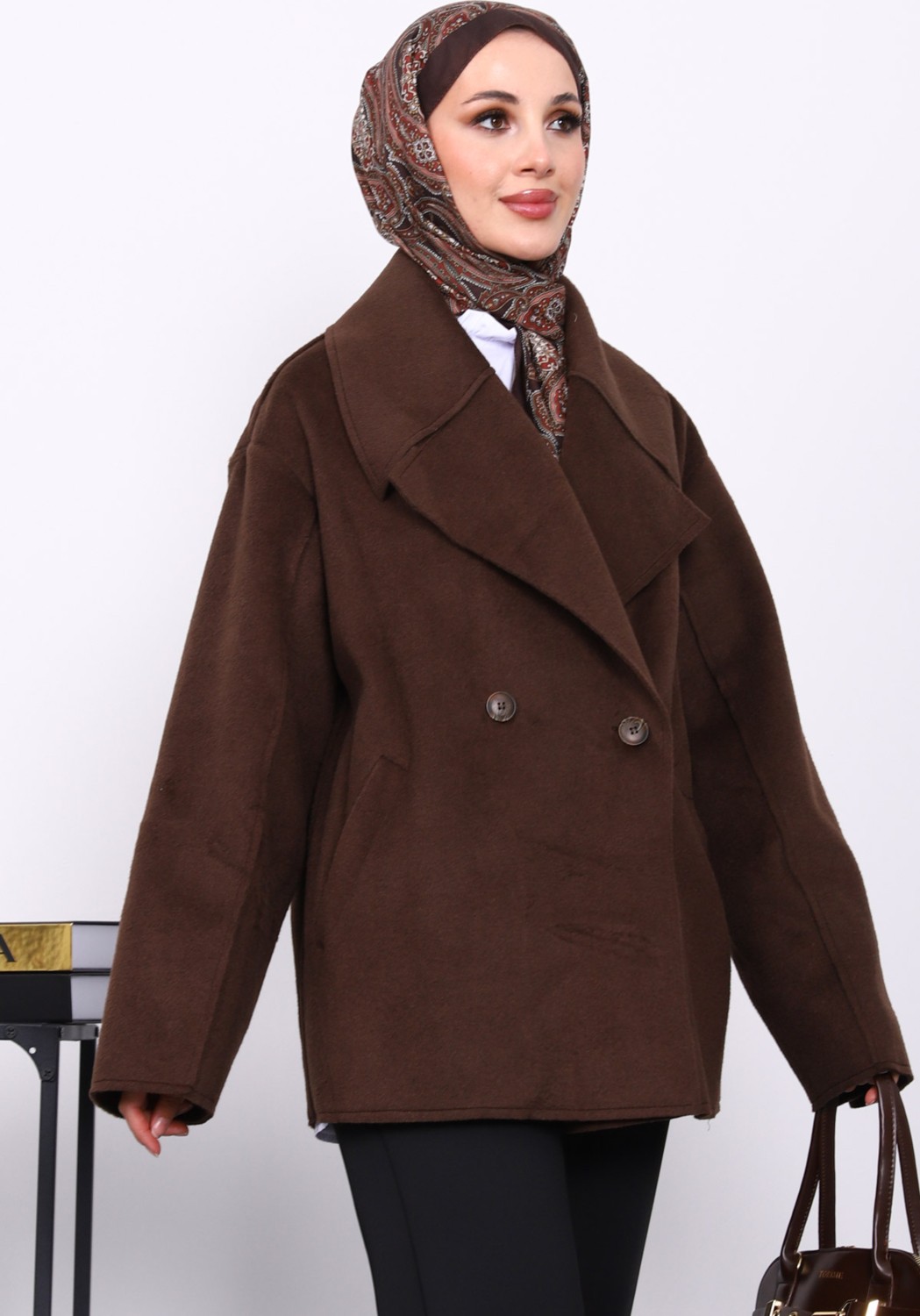 İmaj Butik Bej Çift Cepli Düğmeli Kaşe Ceket