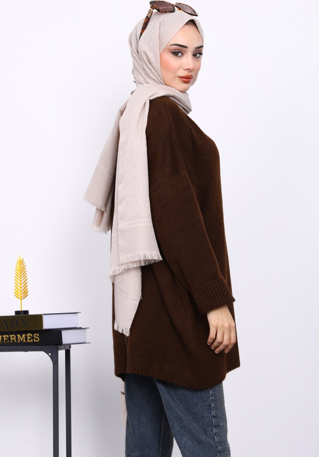 İmaj Butik Kahverengi Dik Yaka Oversize Triko Kazak görsel 4