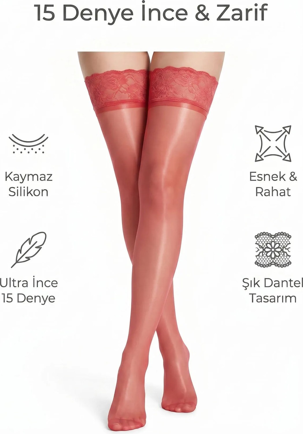 Hepsine Rakip Kadın Jartiyer Çorabı Silikonlu Dantelli 15DEN Dizüstü Kaymaz görsel 3