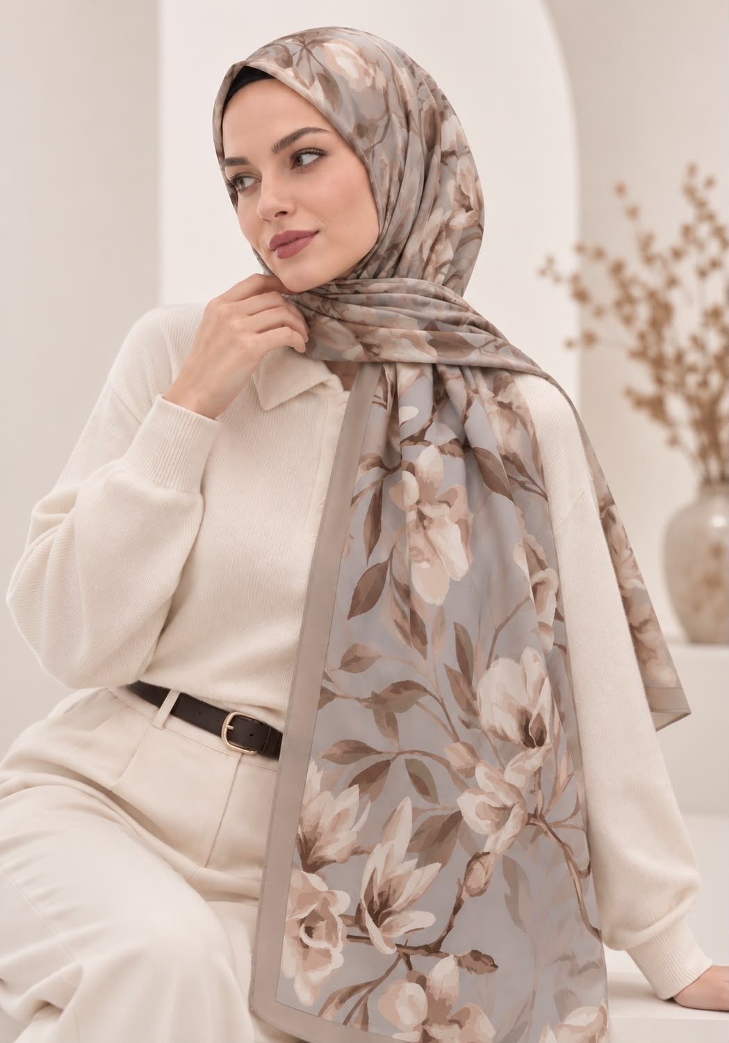 Revam Collection Manolya Desen Pamuk Soft Şal Vizon-Gri