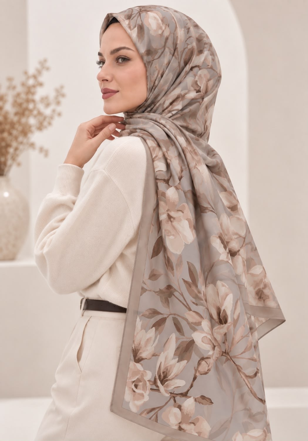 Revam Collection Manolya Desen Pamuk Soft Şal Vizon-Gri görsel 2