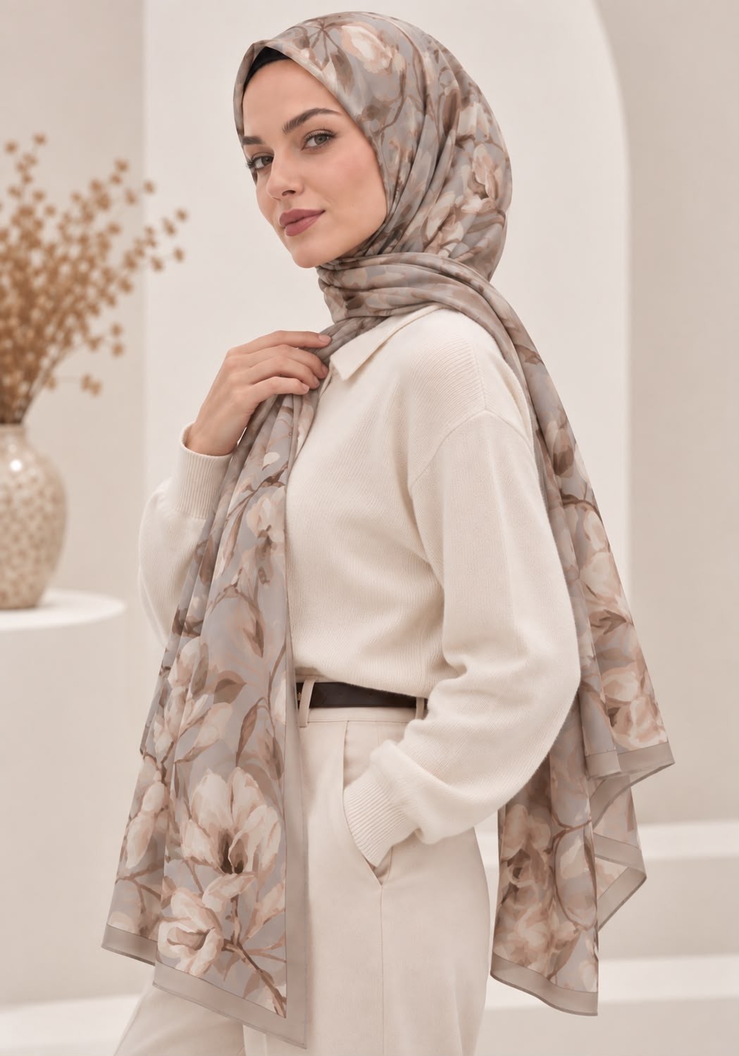 Revam Collection Manolya Desen Pamuk Soft Şal Vizon-Gri görsel 3