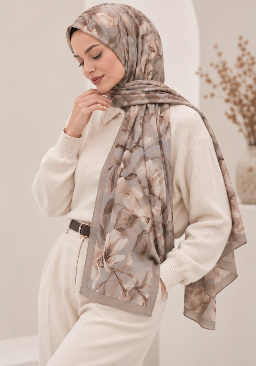 Revam Collection Manolya Desen Pamuk Soft Şal Vizon-Gri görsel 4