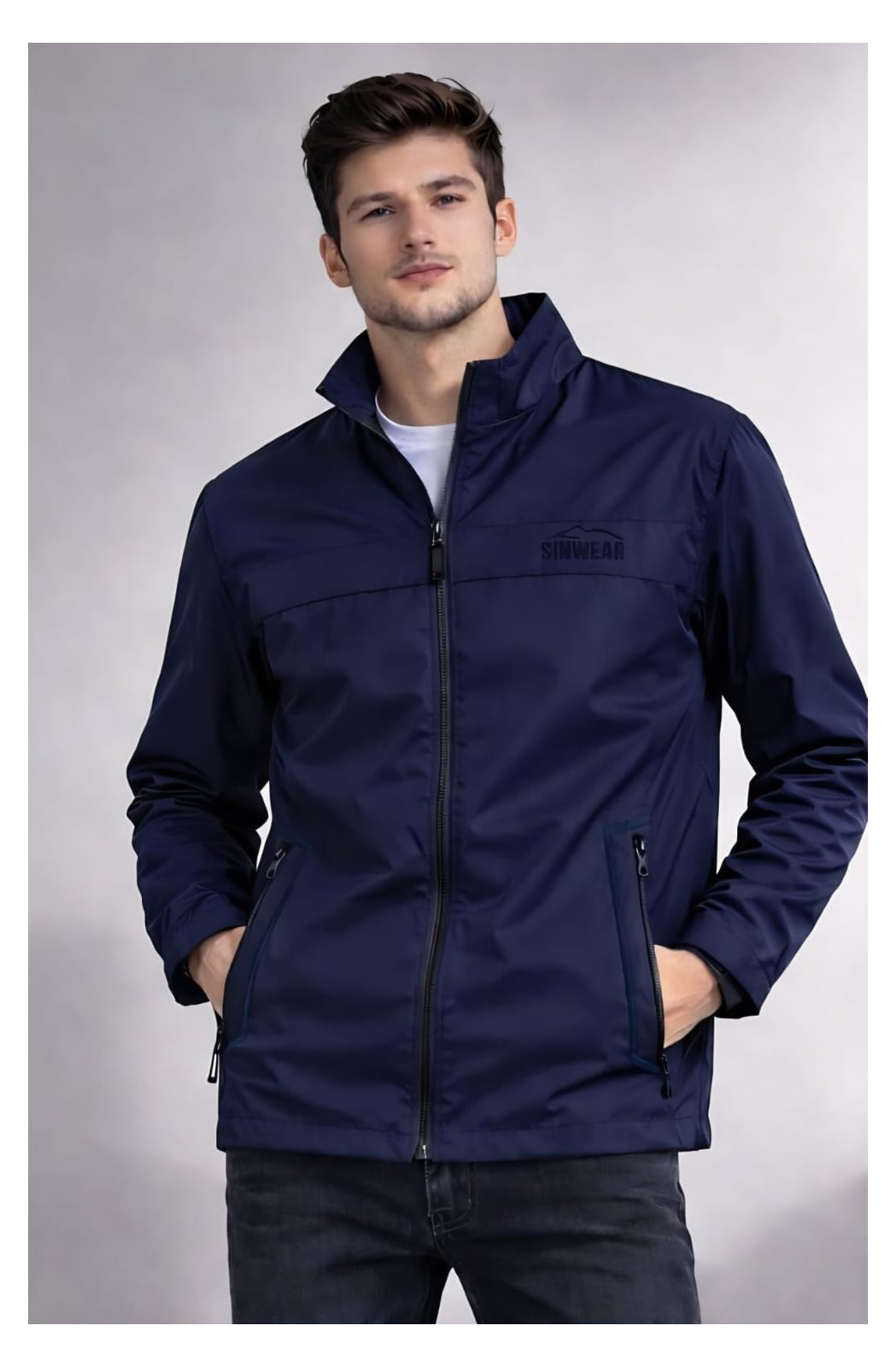 Sinwear Erkek Baharlık Su ve Rüzgar Geçirmez Mont Dik Yaka Mevsimlik Fermuarlı Spor Outdoor Ceket