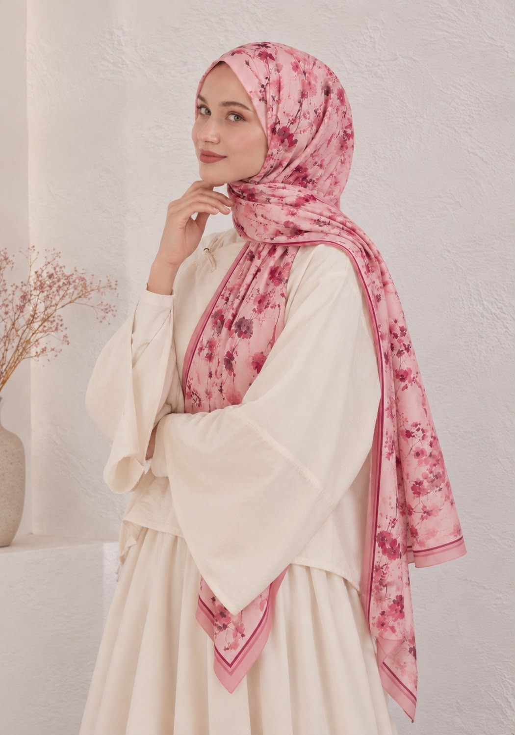 Revam Collection Çiçek Desen Pamuk Soft Şal Pembe görsel 2