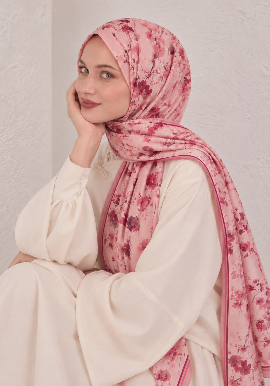 Revam Collection Çiçek Desen Pamuk Soft Şal Pembe görsel 3
