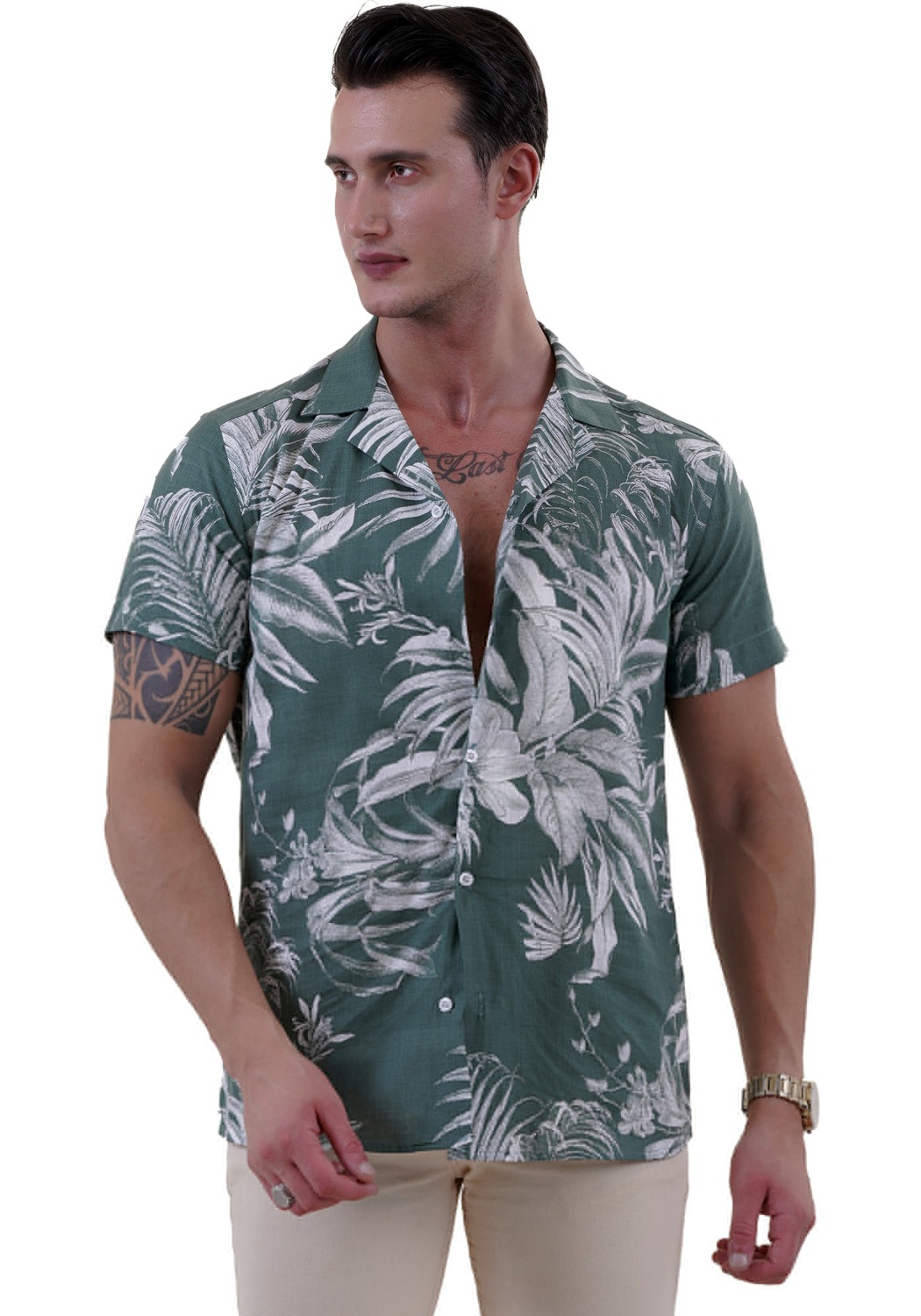 Exve Exclusive Sarı Beyaz Abrsract Desen Baskılı Hawaii Rahat Kesim Kısakol Yazlık Gömlek görsel 7