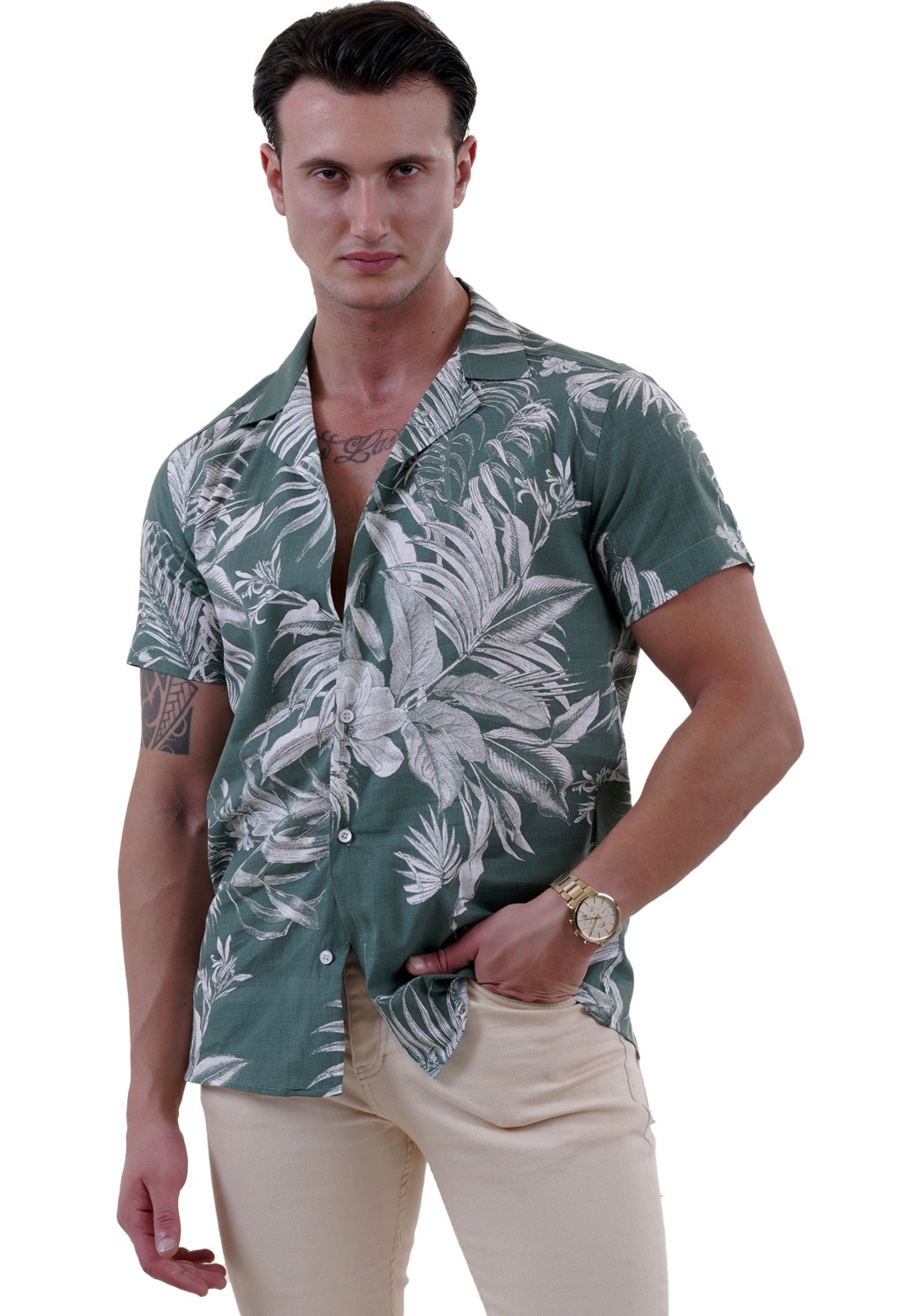 Exve Exclusive Sarı Beyaz Abrsract Desen Baskılı Hawaii Rahat Kesim Kısakol Yazlık Gömlek görsel 8