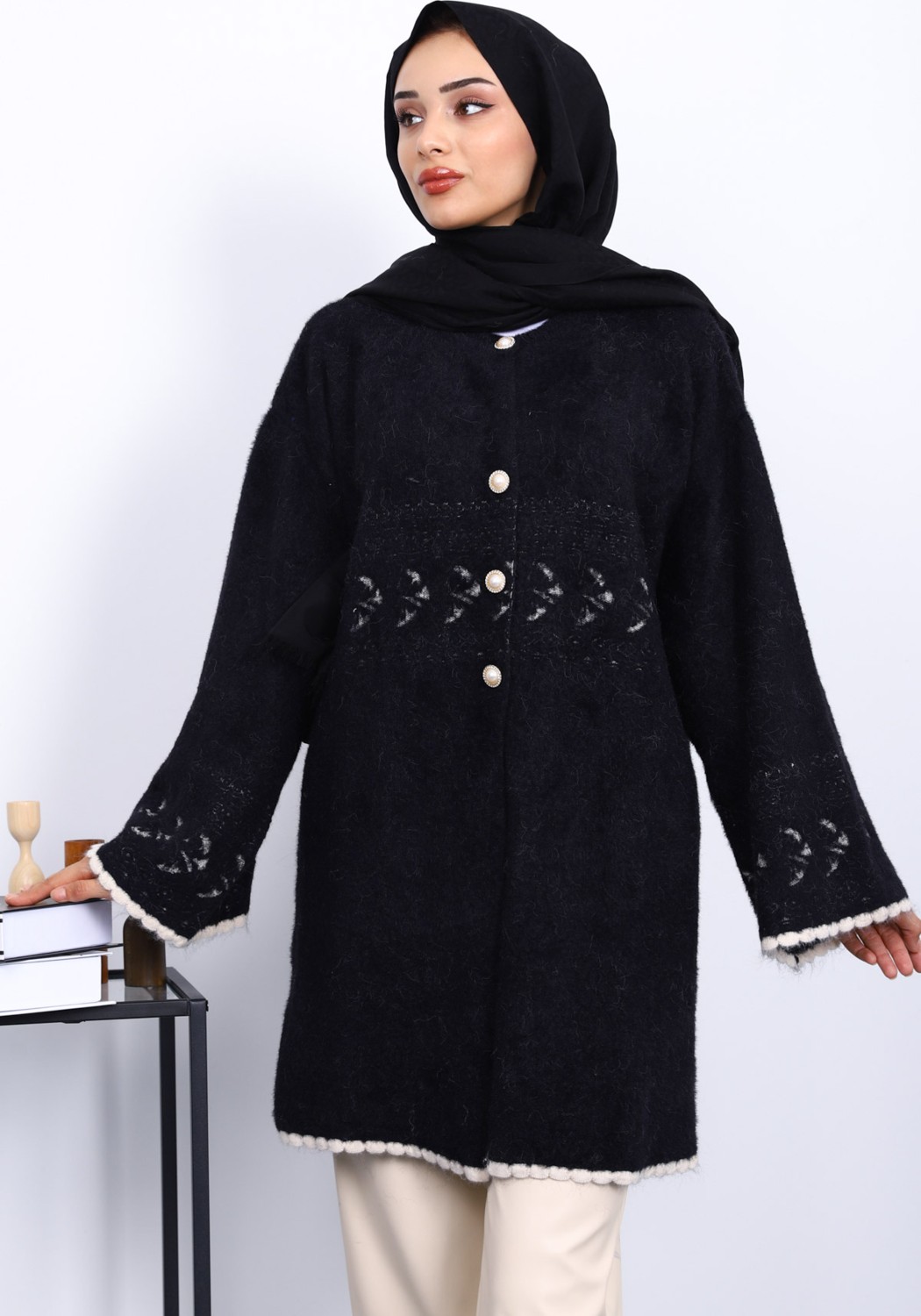İmaj Butik Siyah Desenli Angora Yumoş Triko Hırka