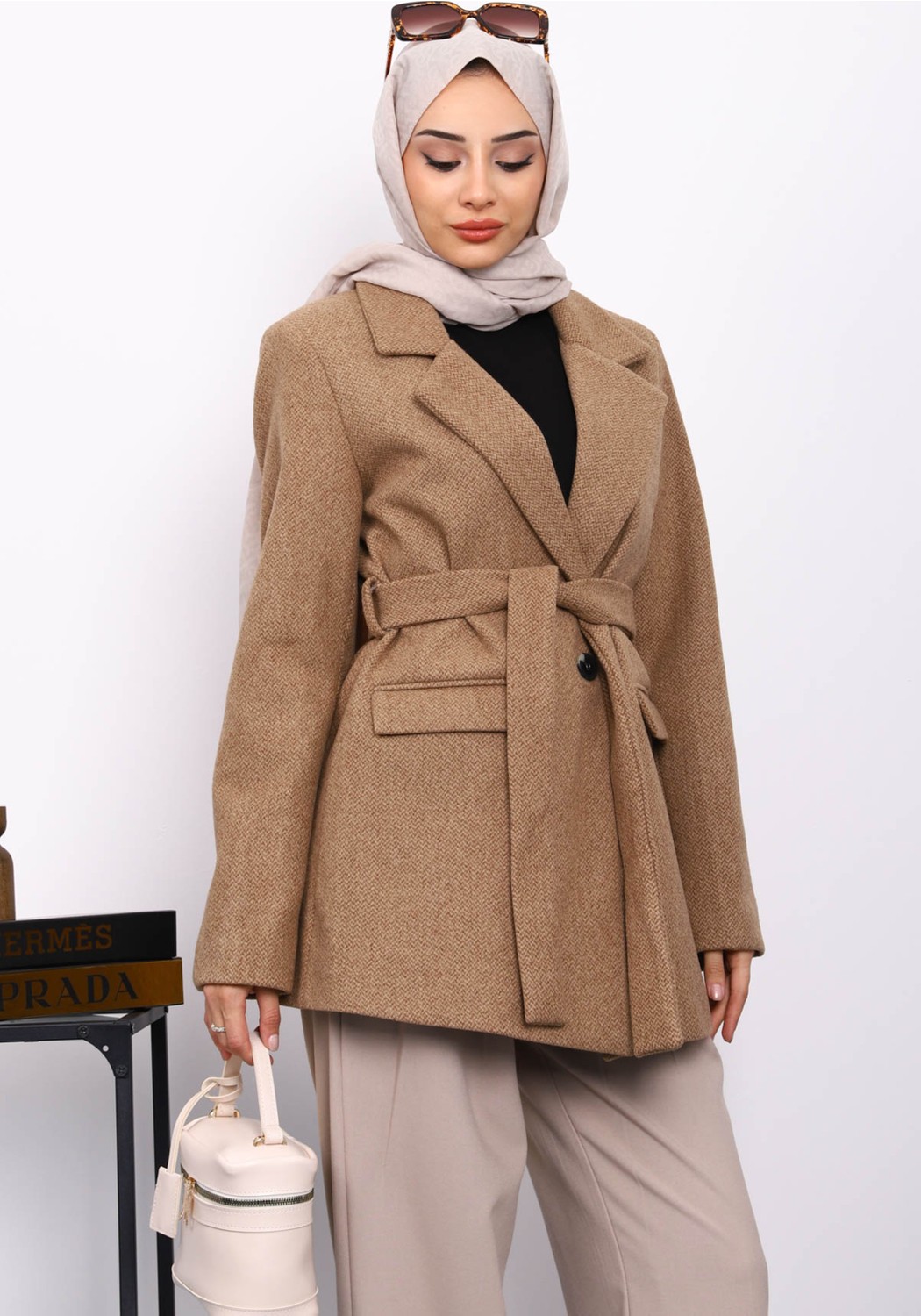 İmaj Butik Taş Kuşaklı Astarlı Kısa Kaşe Kaban görsel 7