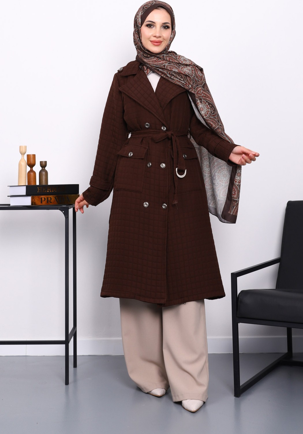 İmaj Butik Kahverengi Kuşaklı Cep Detaylı Kapitone Kaban