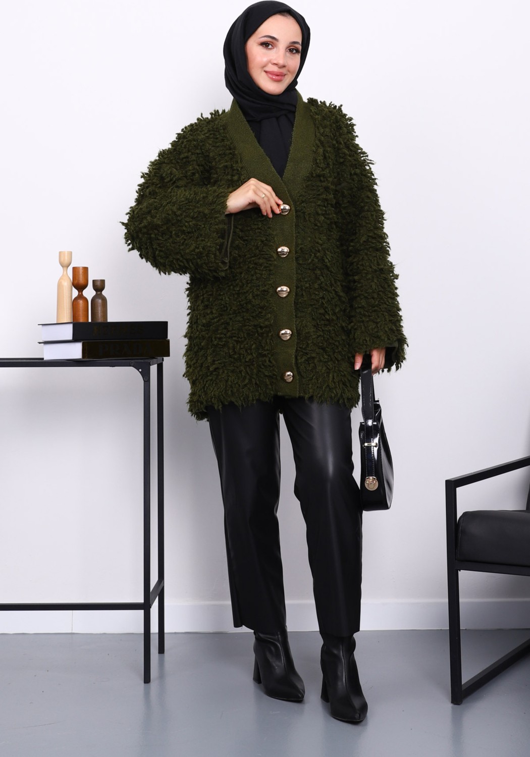 İmaj Butik Haki Düğmeli Angora Hırka görsel 2