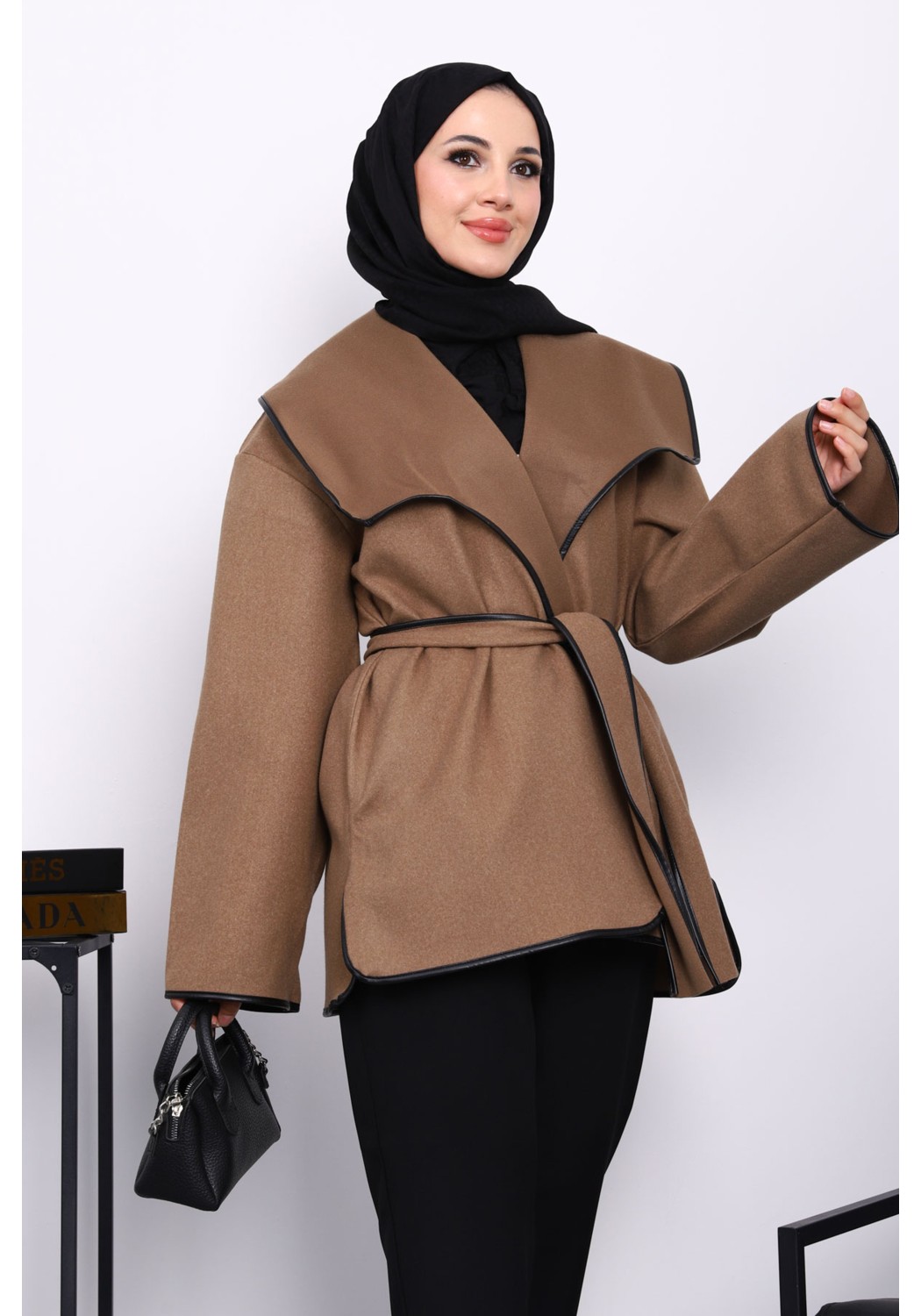 İmaj Butik Bordo Deri Biyeli Şal Yaka Kaşe Ceket görsel 7