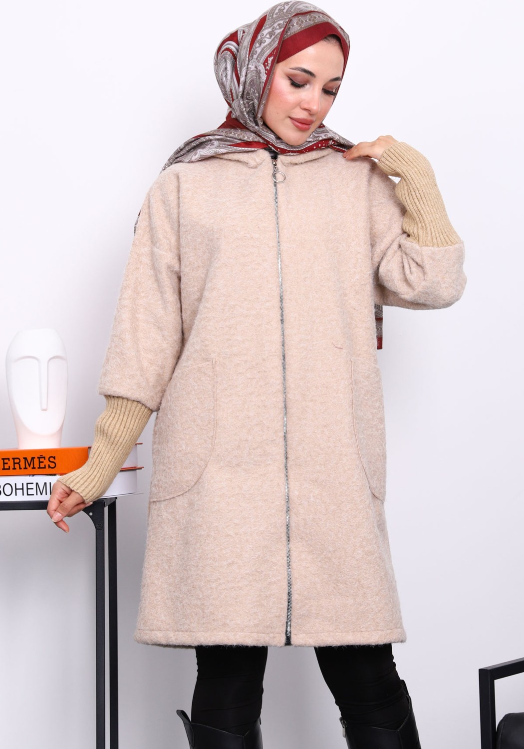 İmaj Butik Lacivert Fermuarlı Yün Kaşe Kaban görsel 6