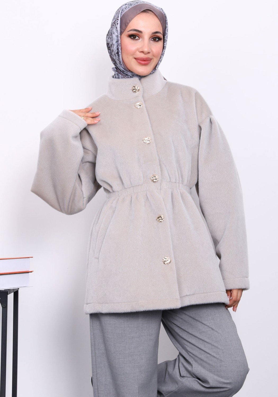 İmaj Butik Gri Bel Lastikli Düğmeli Kaşe Kaban