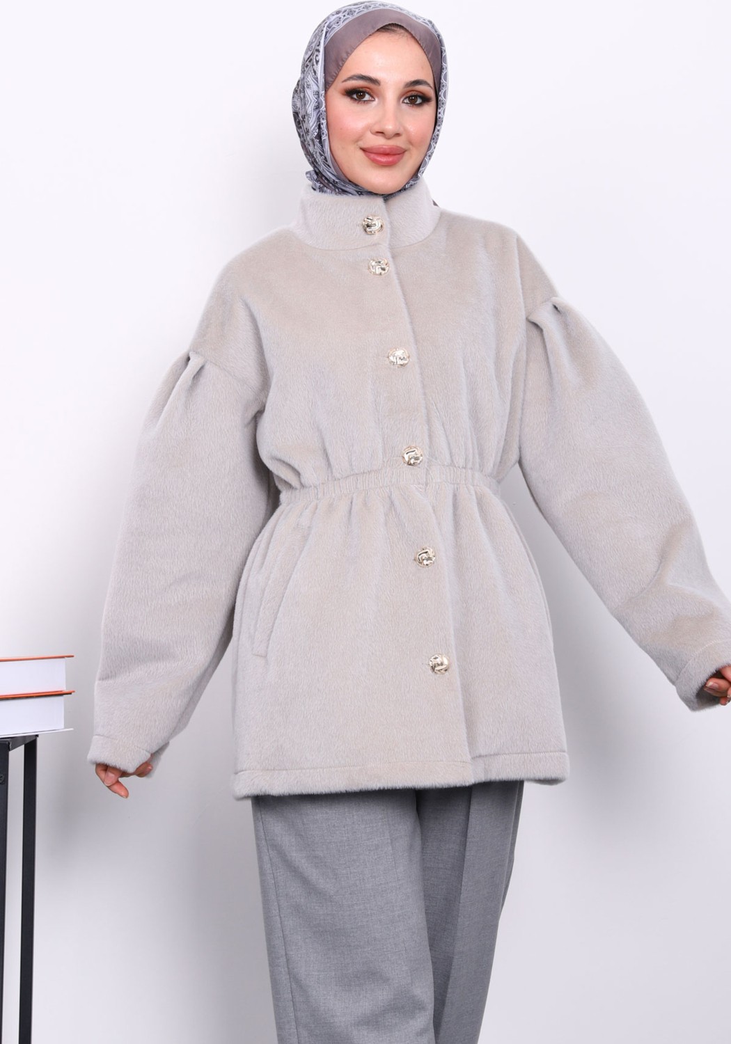İmaj Butik Gri Bel Lastikli Düğmeli Kaşe Kaban görsel 3