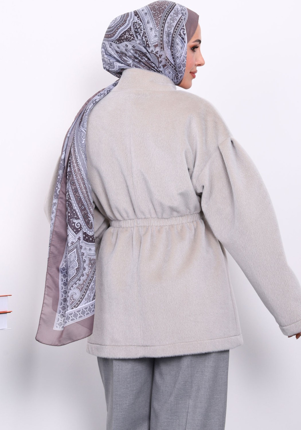 İmaj Butik Gri Bel Lastikli Düğmeli Kaşe Kaban görsel 4