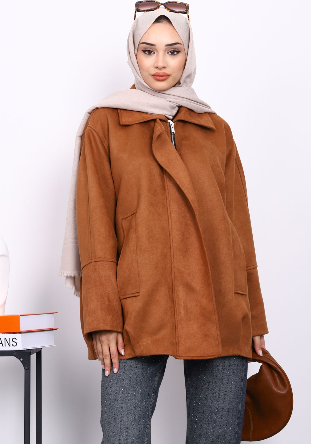 İmaj Butik Taba Oversize Fermuarlı Süet Ceket