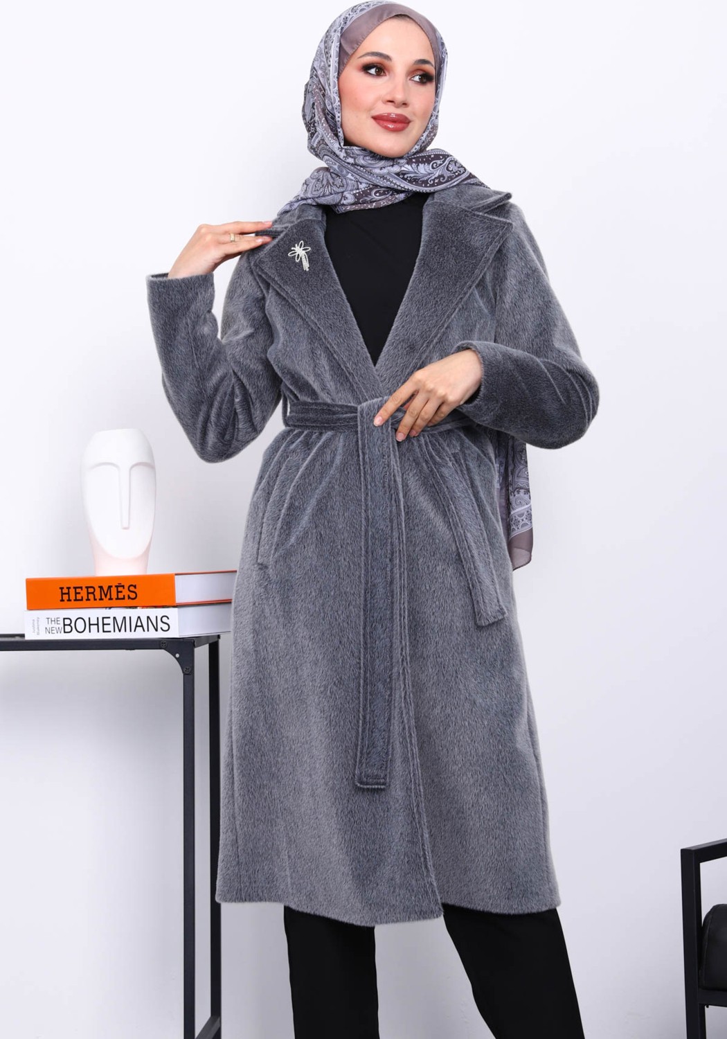 İmaj Butik Bej Kruvaze Yaka Cepli Angora Kaban görsel 5