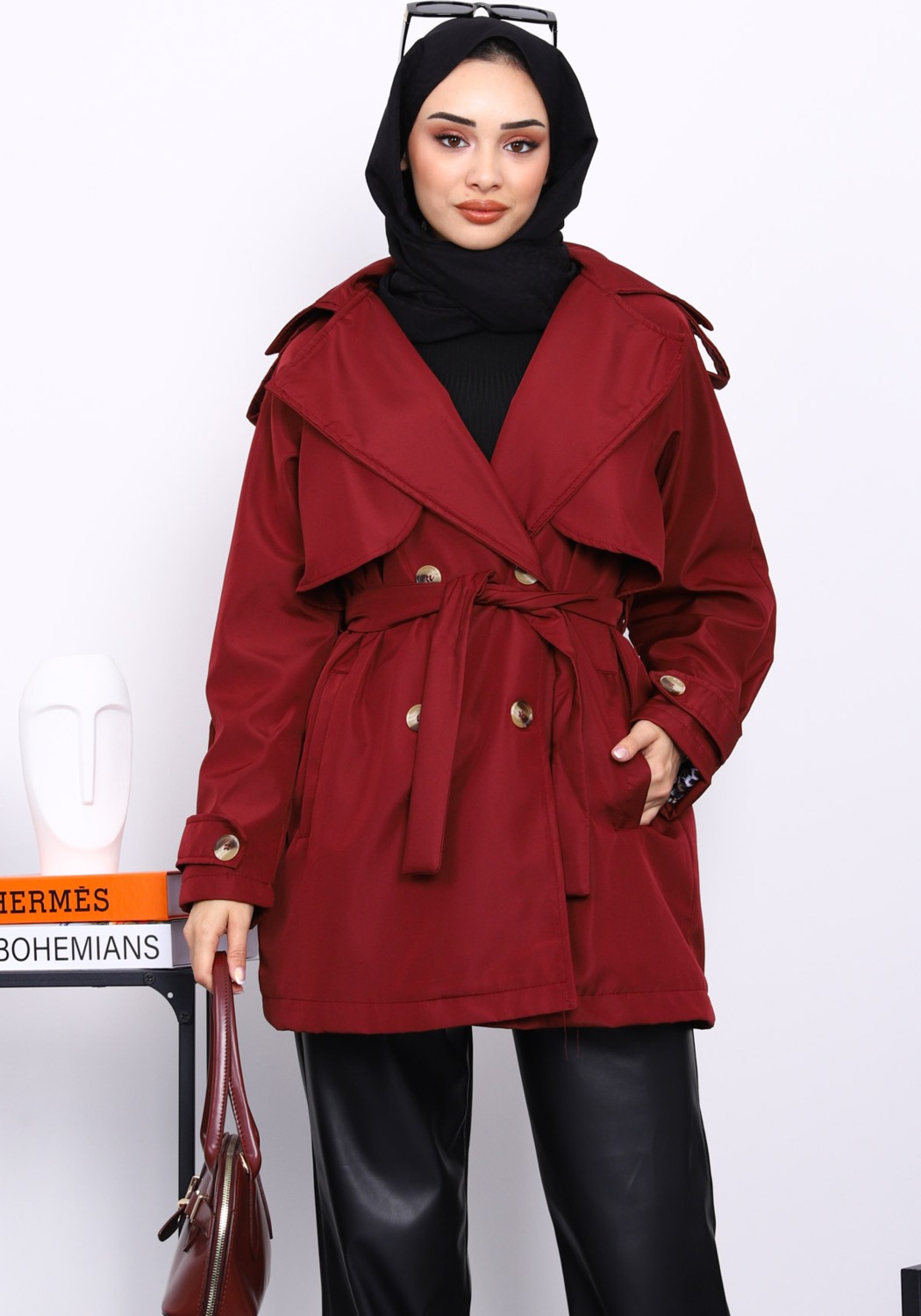 İmaj Butik Bordo Kruvaze Yaka Astarlı Trençkot görsel 5
