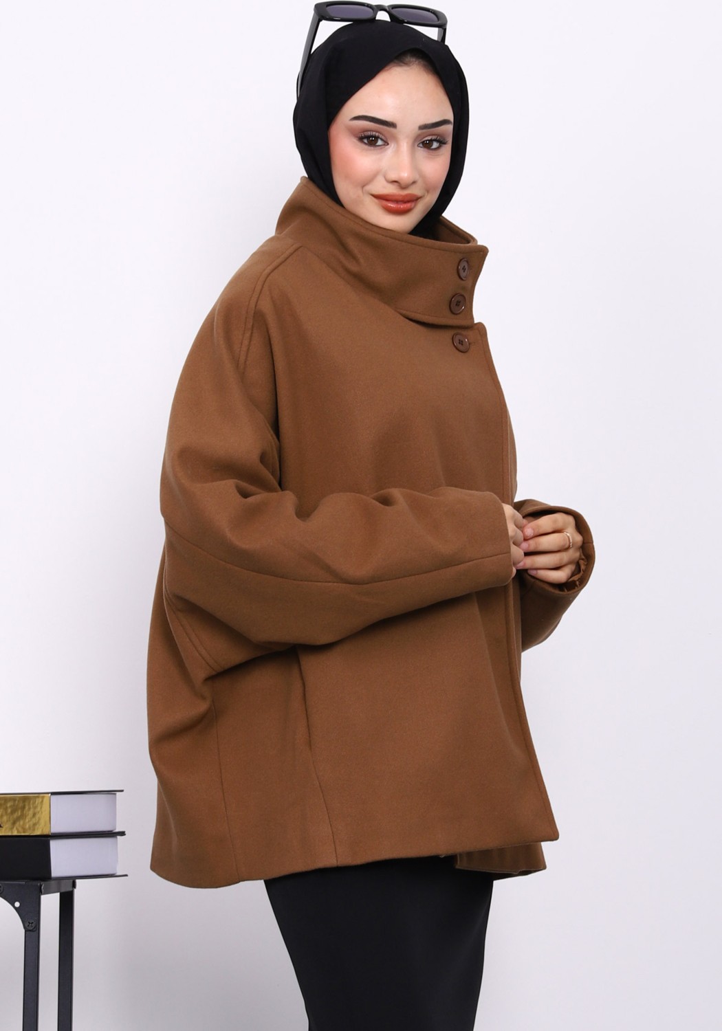 İmaj Butik Kahverengi Cepli Oversize Kaşe Kaban görsel 7