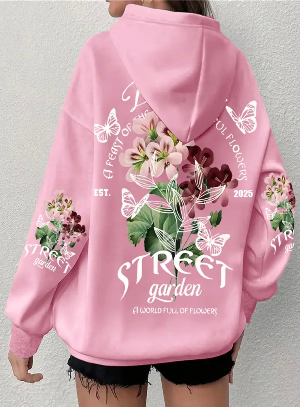 Amor Face Büyük Beden Özel Tasarım Kapüşonlu Street Garden Sırt Baskılı Oversize Kadın Sweatshırt görsel 7