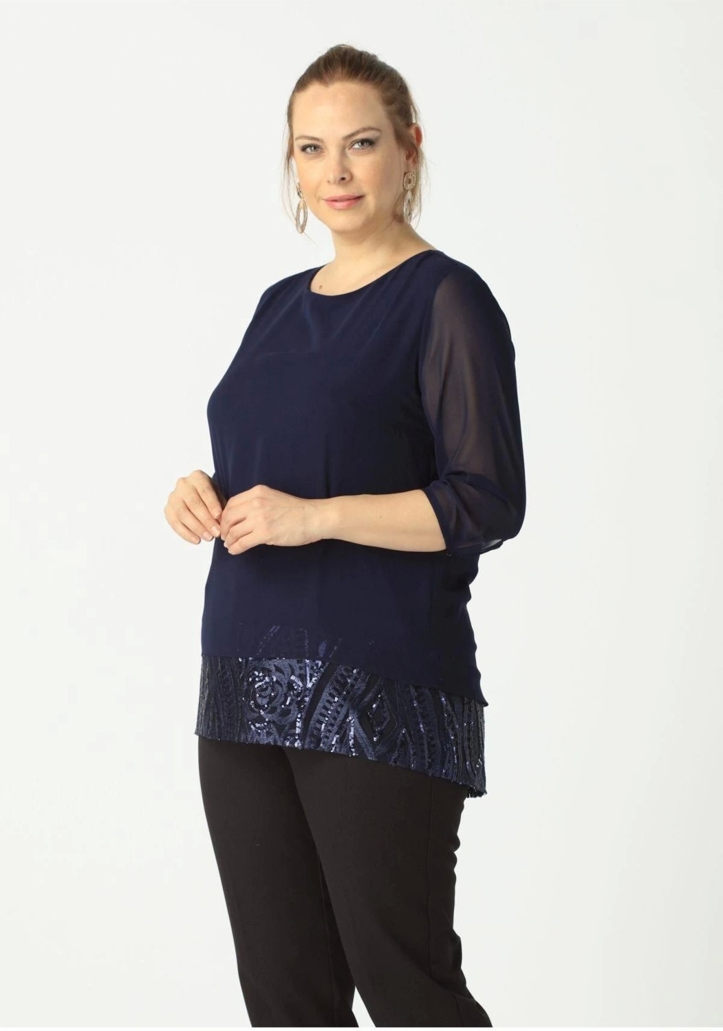 Moda Berray 4046 Şifon Payet Dantel Kombinli Büyük Beden Şık Bluz Lacivert görsel 2