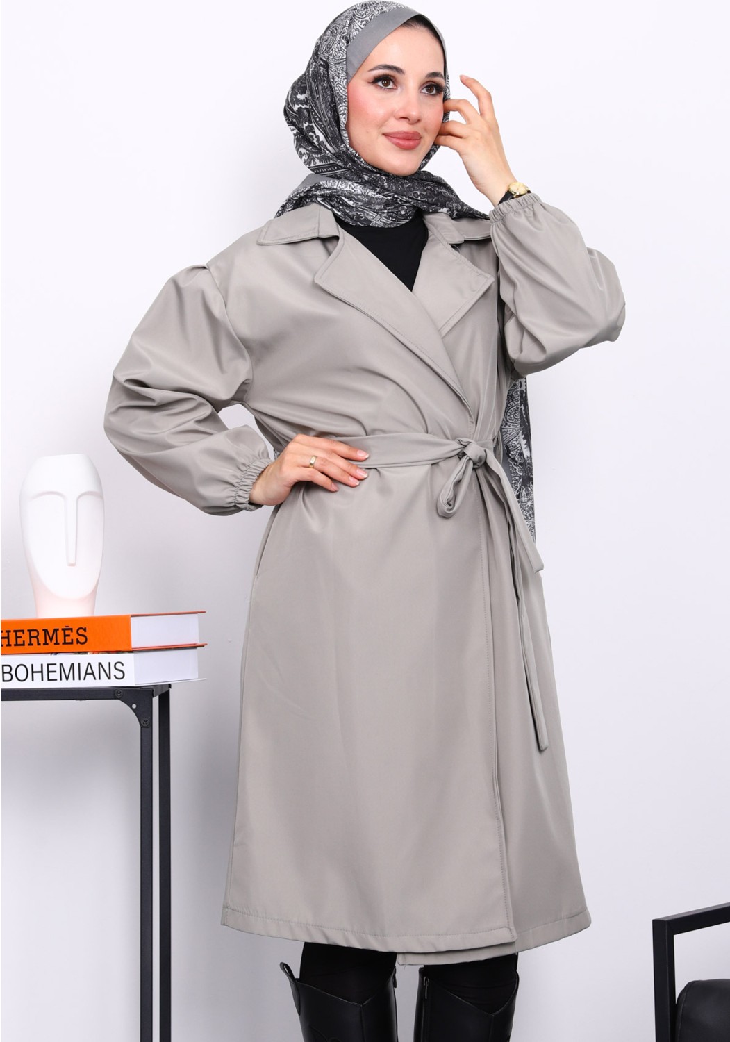 İmaj Butik Lacivert Kruvaze Yaka Kuşaklı Trençkot görsel 3