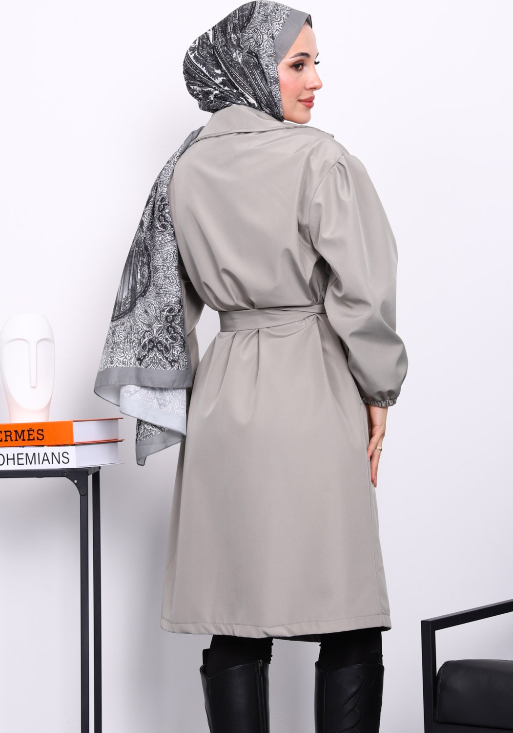 İmaj Butik Lacivert Kruvaze Yaka Kuşaklı Trençkot görsel 4