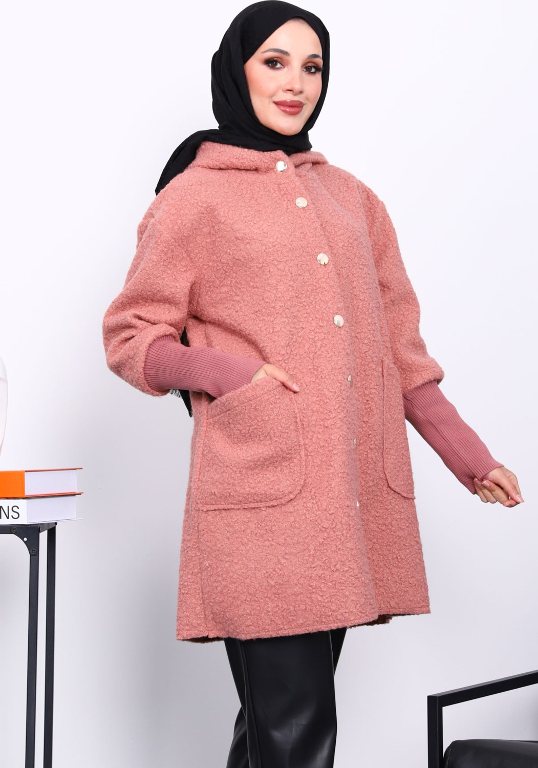 İmaj Butik Pudra Kapşonlu Buklet Kaban