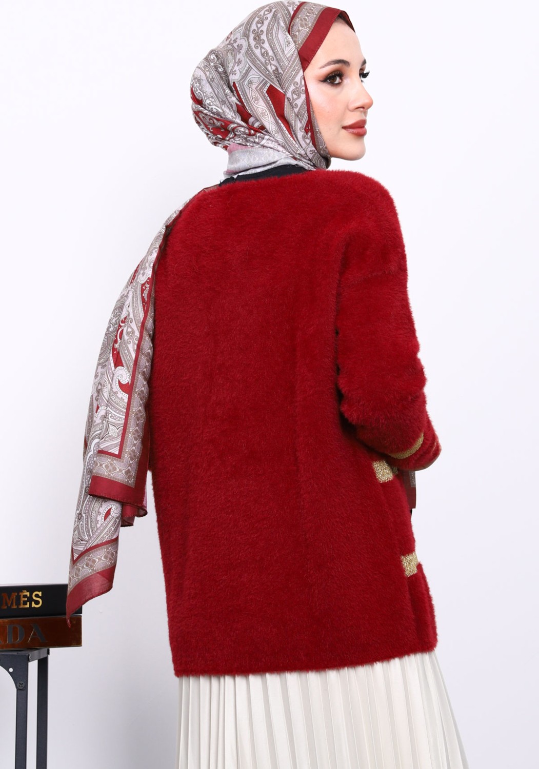 İmaj Butik Bordo V Yaka Angora Yumoş Hırka görsel 4