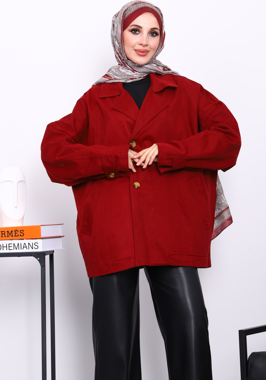 İmaj Butik Bordo Düğmeli Oversize Kanvas Ceket görsel 6