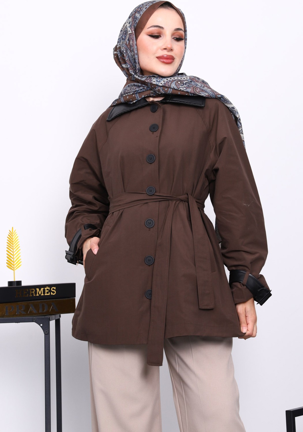 İmaj Butik Haki Deri Detaylı Kuşaklı Trençkot