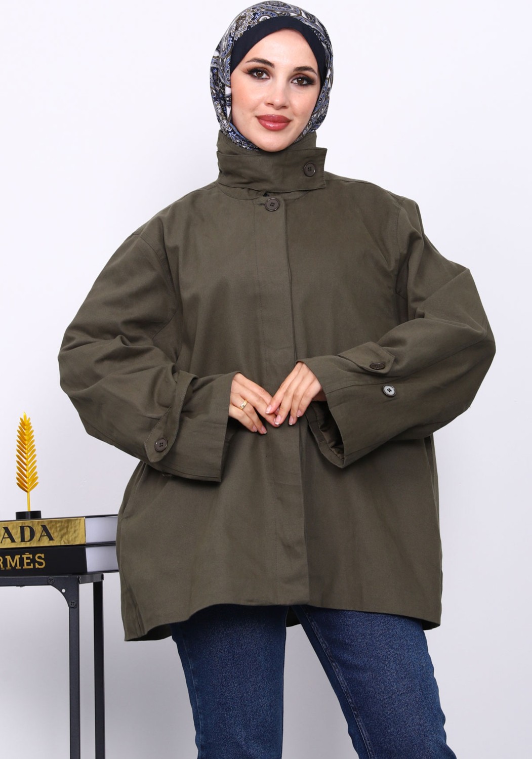 İmaj Butik Haki Düğmeli Astarlı Gabardin Ceket görsel 7