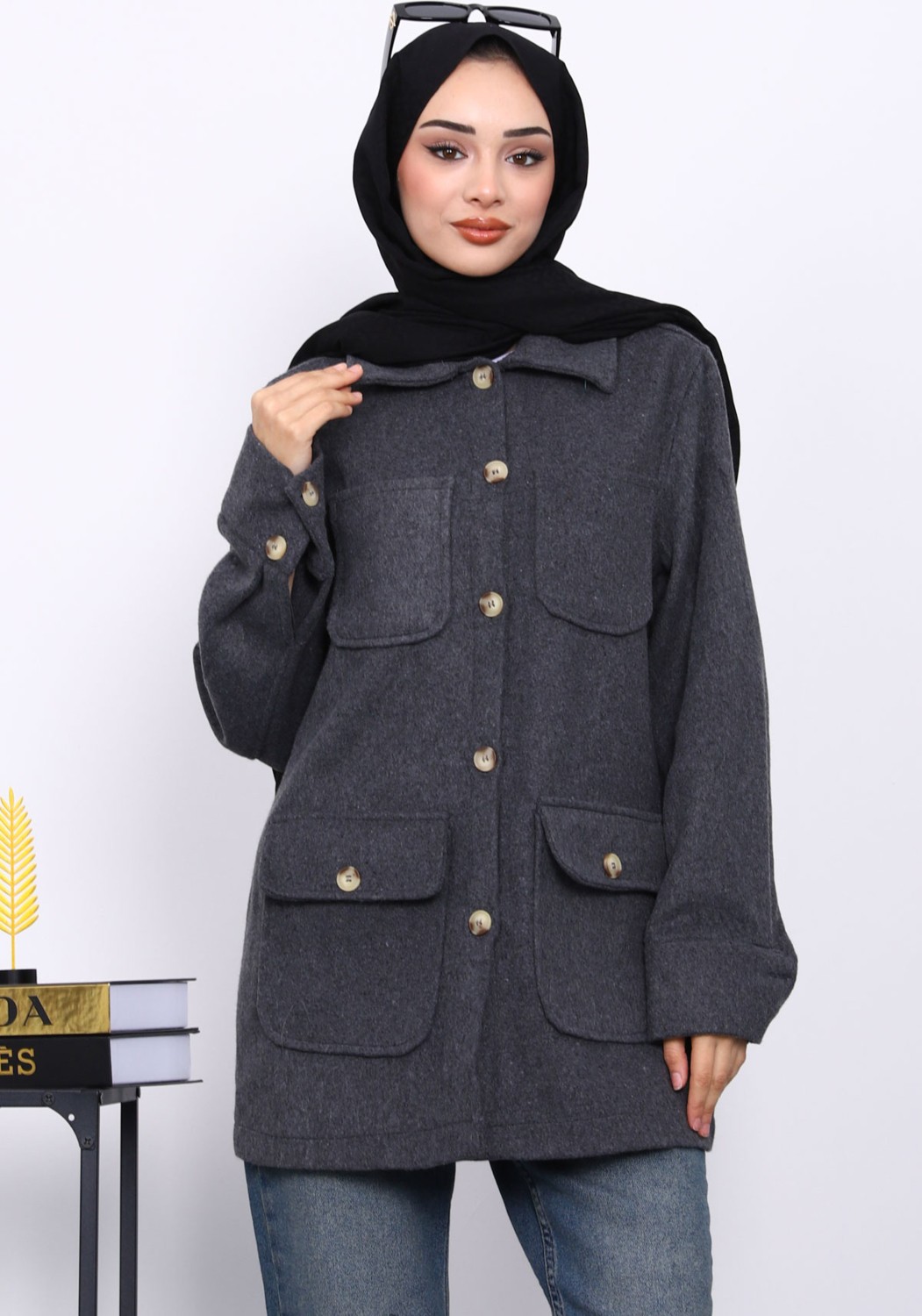İmaj Butik Füme Cepli Düğmeli Kaşe Ceket