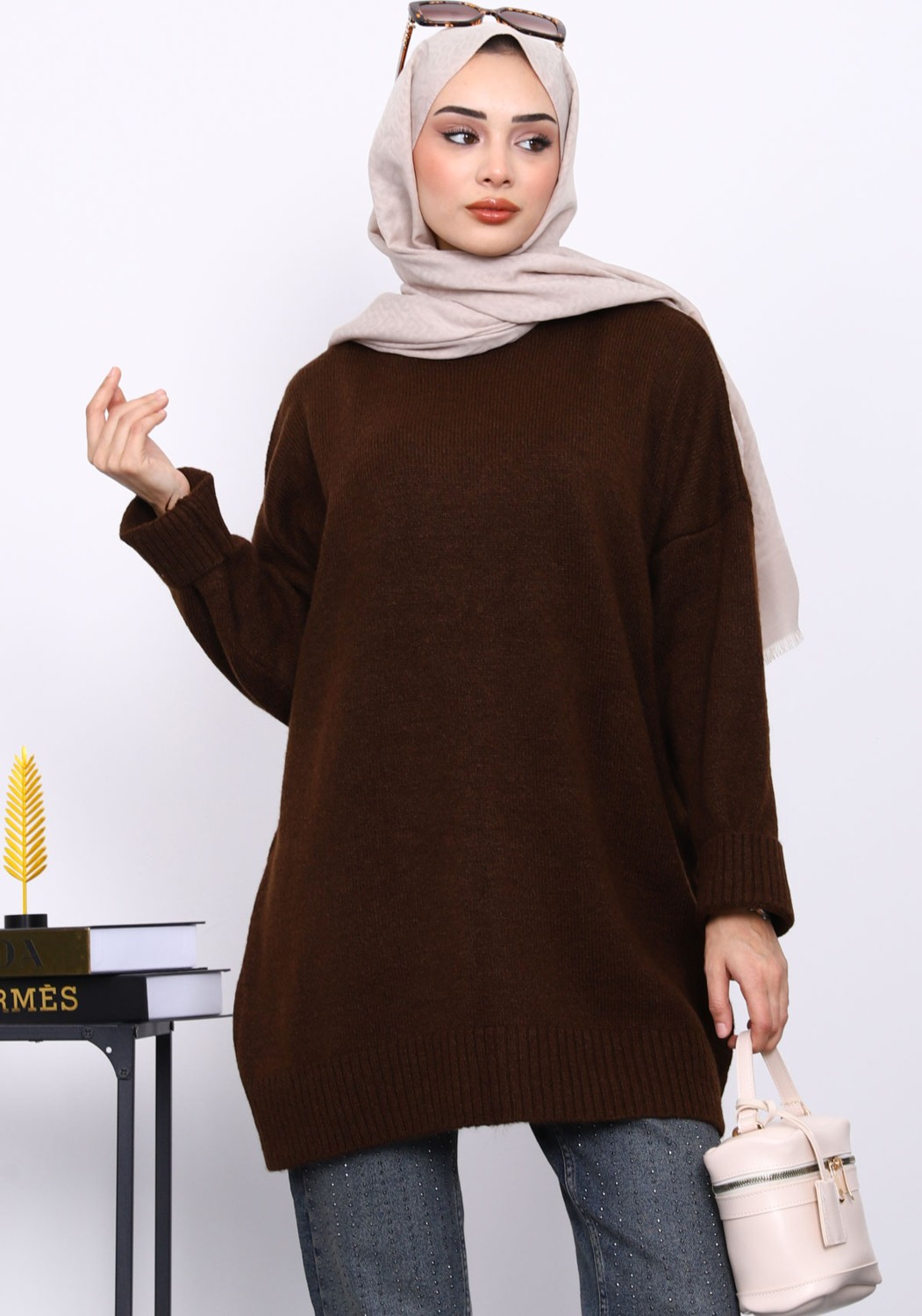 İmaj Butik Kahverengi Dik Yaka Oversize Triko Kazak