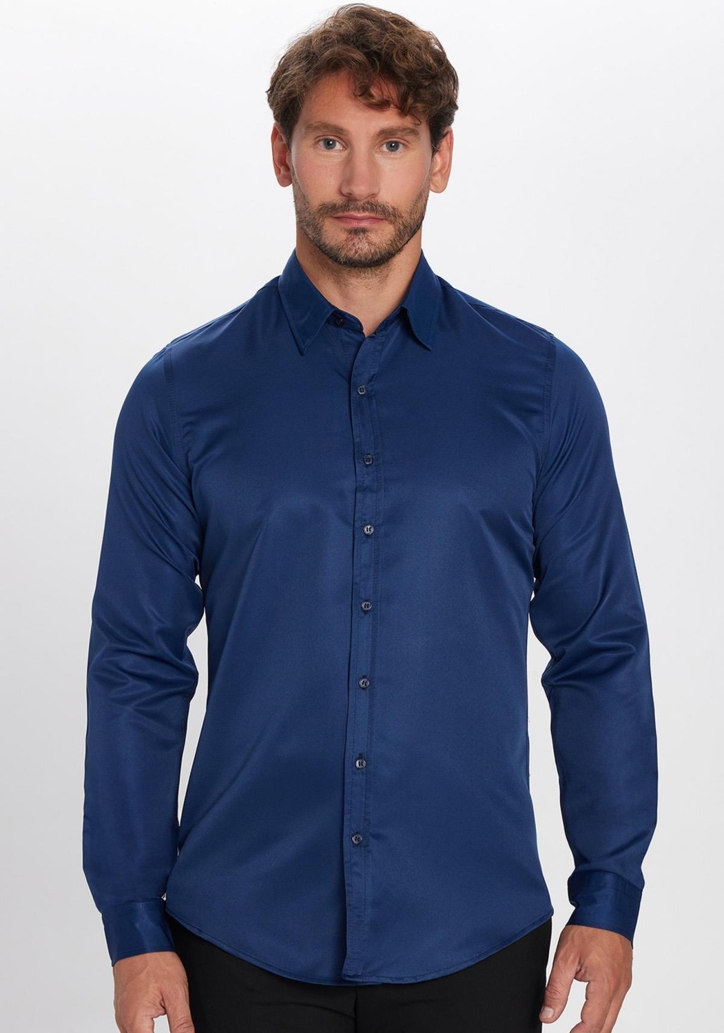 Tudors Slim Fit Uzun Kollu Kolay Ütü Teri Emen Nefes Alan Doku Kravatlık Dört Mevsim Lacivert Erkek Gömlek görsel 3