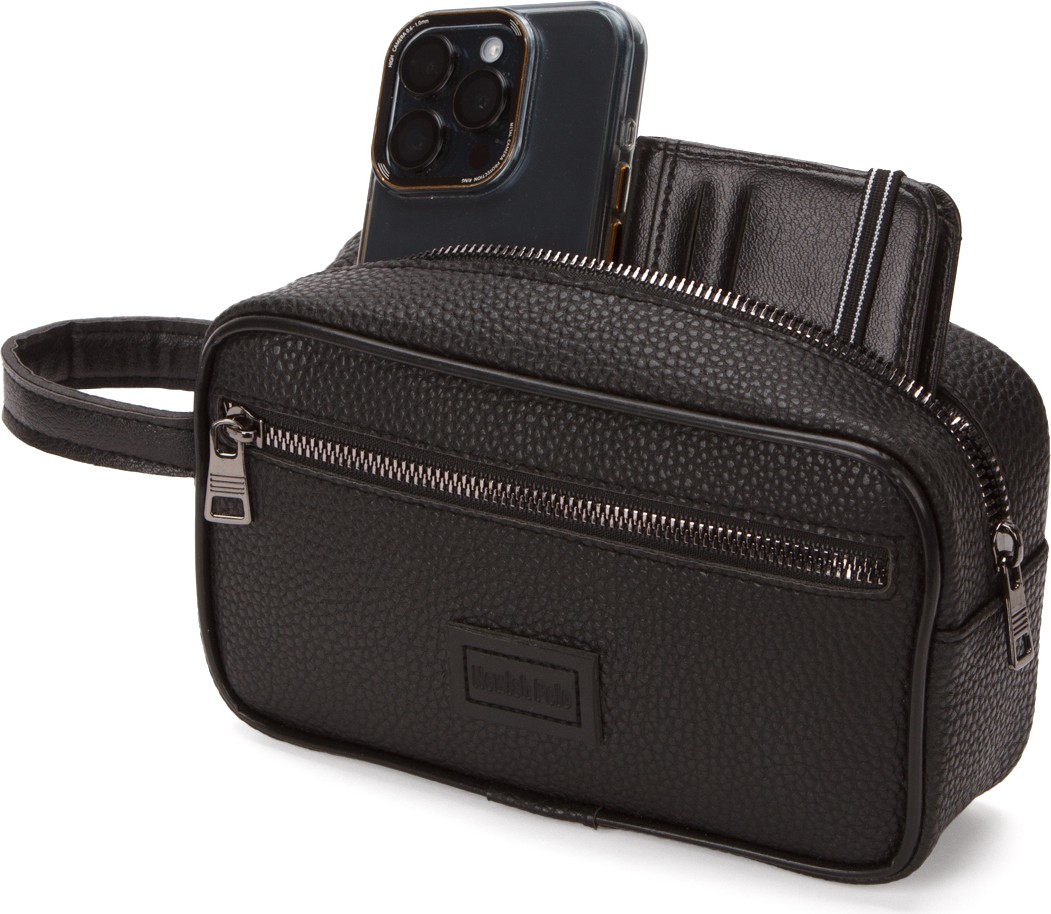 Newish Erkek Siyah Deri Portföy Clutch Traş Kozmetik Bakım ve Günlük El Çantası new269