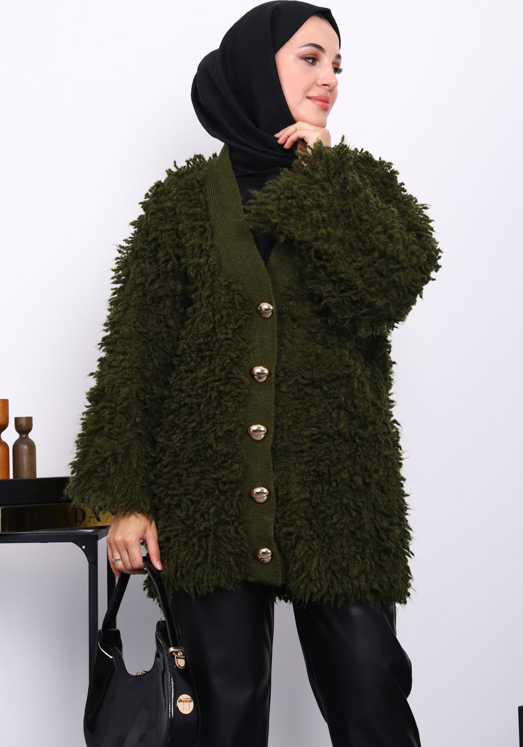 İmaj Butik Haki Düğmeli Angora Hırka görsel 3