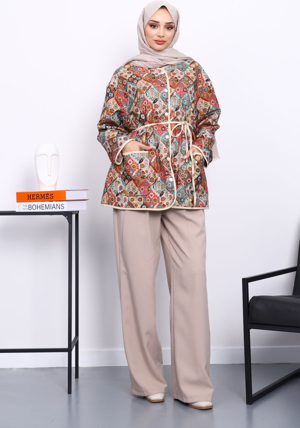 İmaj Butik Krem Desenli Çıtçıtlı Ceket görsel 2