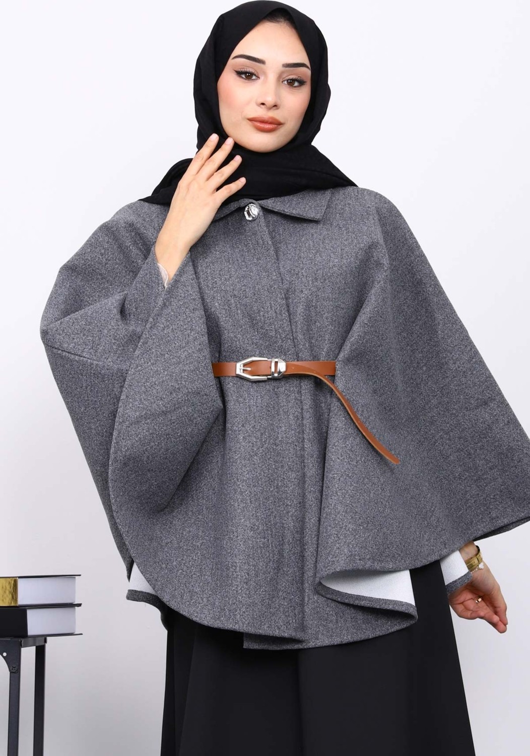 İmaj Butik Füme Kemerli Kaşe Panço