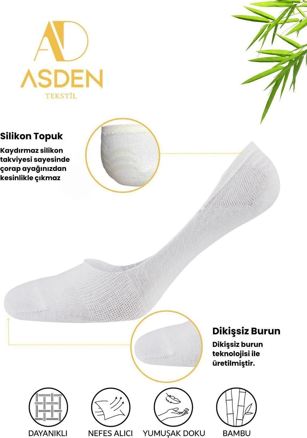 Aesco Bambu Kadın Babet Beyaz 6'lı Paket, Dikişsiz, Kaydırmaz Silikonlu Topuk görsel 3
