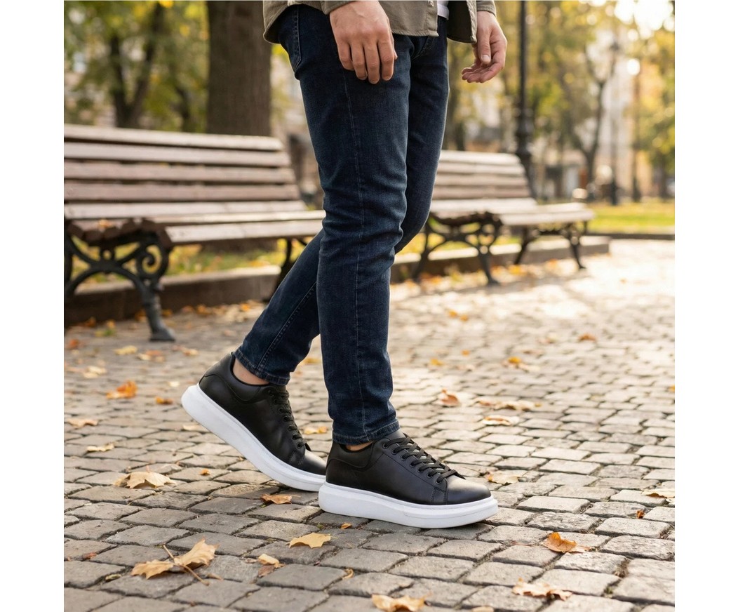 Beskar Tam Siyah Boa Desenli Deri Erkek Sneaker - Siyah Tabanlı Hafif Yapı Spor Ayakkabı BA0547 görsel 2