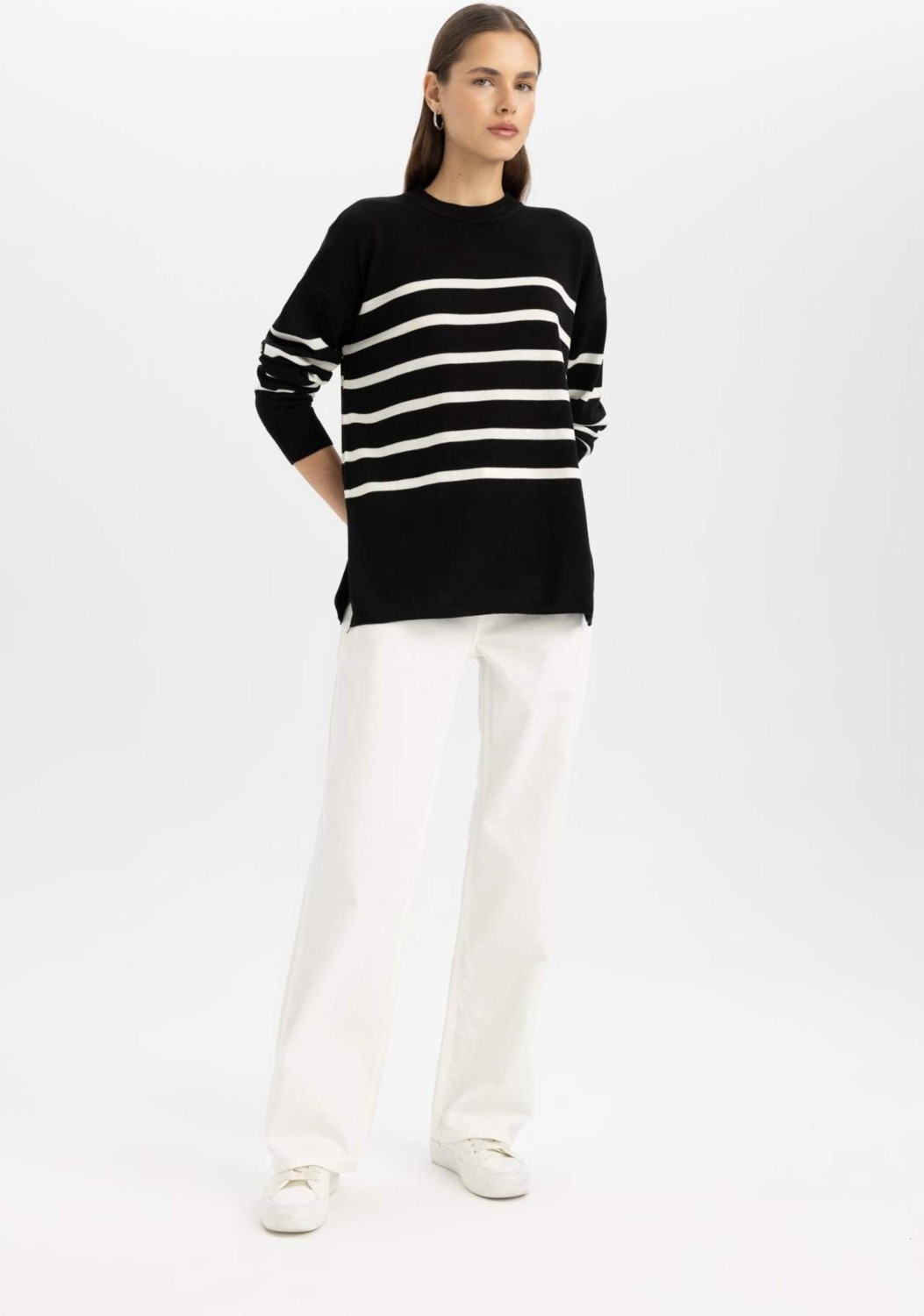 DeFacto Relax Fit Yumuşak Dokulu Çizgili Bisiklet Yaka Triko Kazak Tunik S7517AZ24WN görsel 5